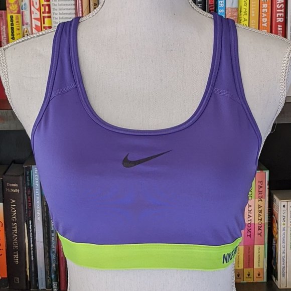Nike Pro Dri Fit Purple Yellow Neon Sports Bra SZL - Picture 1 of 4